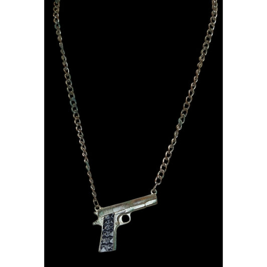Gun Shaped Pendant Necklace Black Silver Tone Streetwear Statement Jewelry