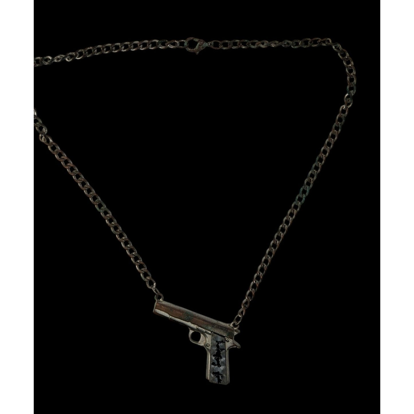 Gun Shaped Pendant Necklace Black Silver Tone Streetwear Statement Jewelry