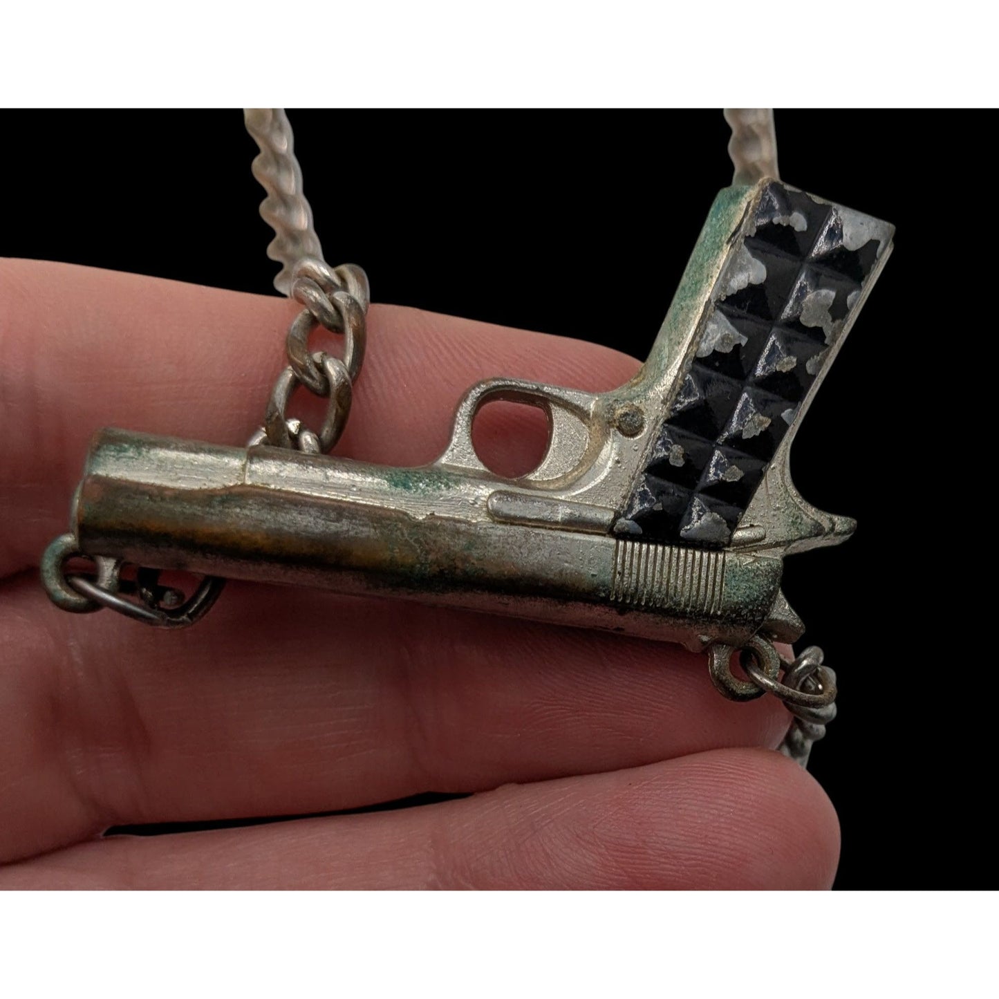 Gun Shaped Pendant Necklace Black Silver Tone Streetwear Statement Jewelry