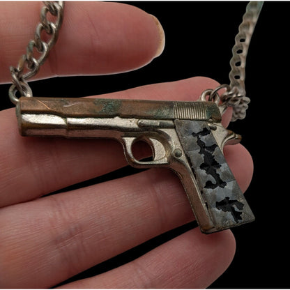 Gun Shaped Pendant Necklace Black Silver Tone Streetwear Statement Jewelry