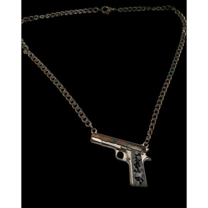 Gun Shaped Pendant Necklace Black Silver Tone Streetwear Statement Jewelry