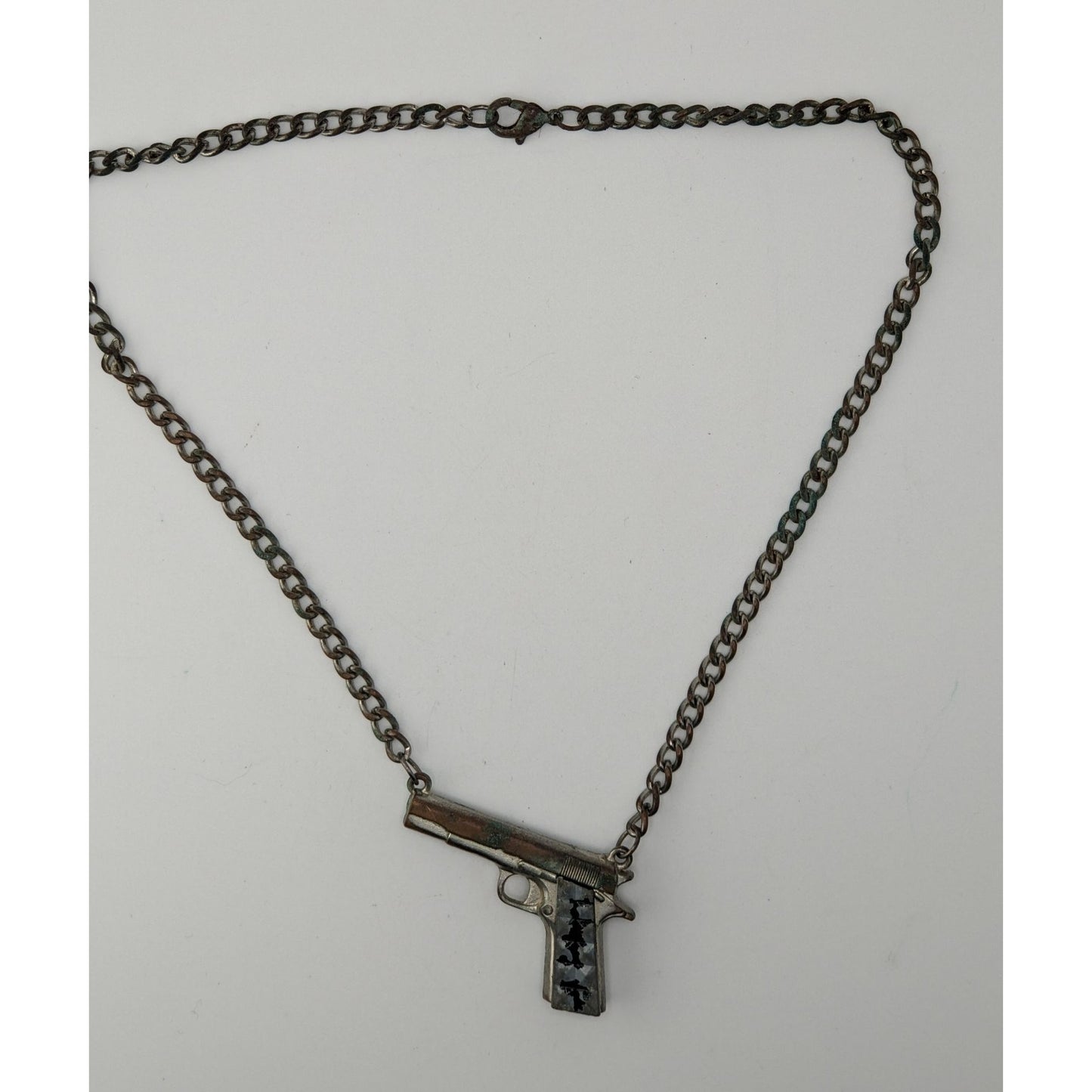 Gun Shaped Pendant Necklace Black Silver Tone Streetwear Statement Jewelry