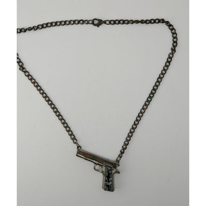 Gun Shaped Pendant Necklace Black Silver Tone Streetwear Statement Jewelry