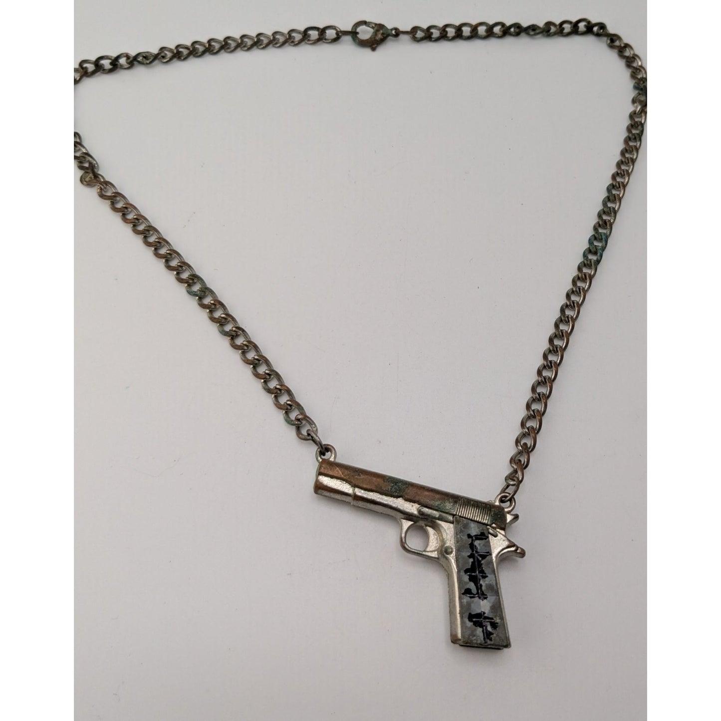 Gun Shaped Pendant Necklace Black Silver Tone Streetwear Statement Jewelry