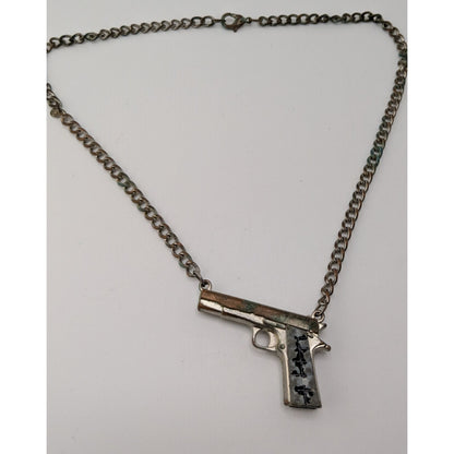 Gun Shaped Pendant Necklace Black Silver Tone Streetwear Statement Jewelry
