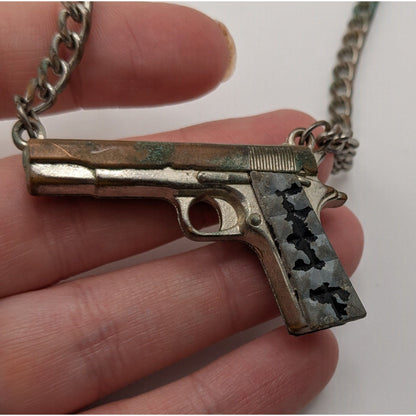 Gun Shaped Pendant Necklace Black Silver Tone Streetwear Statement Jewelry