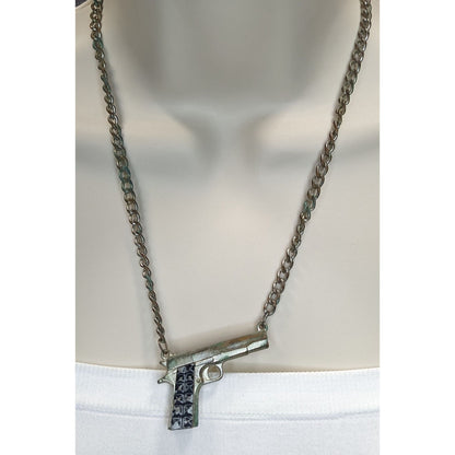 Gun Shaped Pendant Necklace Black Silver Tone Streetwear Statement Jewelry