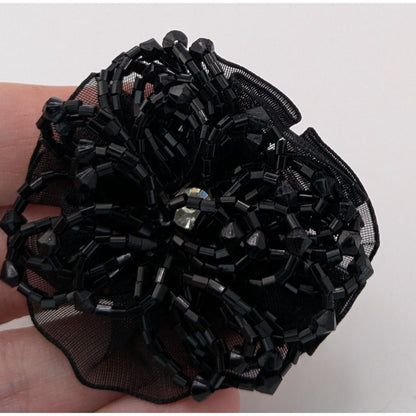 Vintage Black Beaded Floral Brooch Sheer Ribbon Statement Pin Gothic Romantic