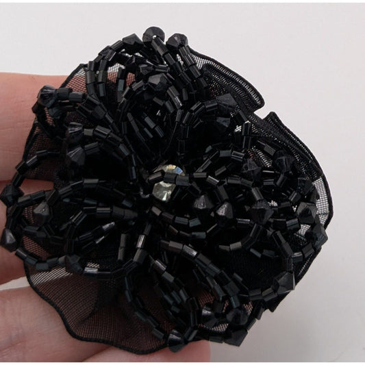 Vintage Black Beaded Floral Brooch Sheer Ribbon Statement Pin Gothic Romantic