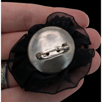 Vintage Black Beaded Floral Brooch Sheer Ribbon Statement Pin Gothic Romantic