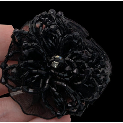 Vintage Black Beaded Floral Brooch Sheer Ribbon Statement Pin Gothic Romantic