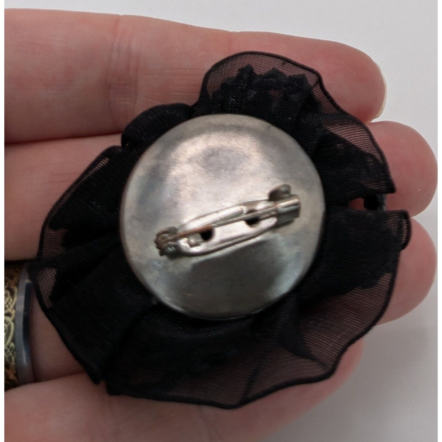 Vintage Black Beaded Floral Brooch Sheer Ribbon Statement Pin Gothic Romantic