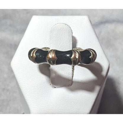 Vintage Bamboo Style Black Enamel Silver Tone Ring Size 8