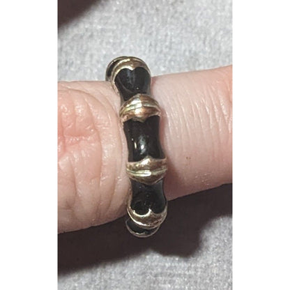 Vintage Bamboo Style Black Enamel Silver Tone Ring Size 8