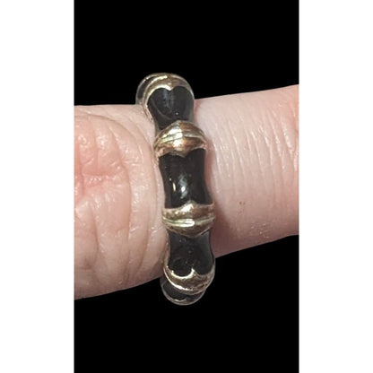 Vintage Bamboo Style Black Enamel Silver Tone Ring Size 8