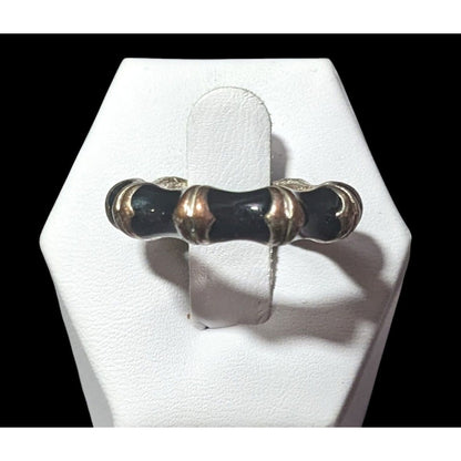 Vintage Bamboo Style Black Enamel Silver Tone Ring Size 8