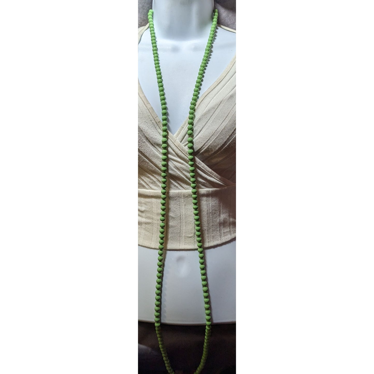 Vintage Pea Green Lightweight Beaded Opera Necklace