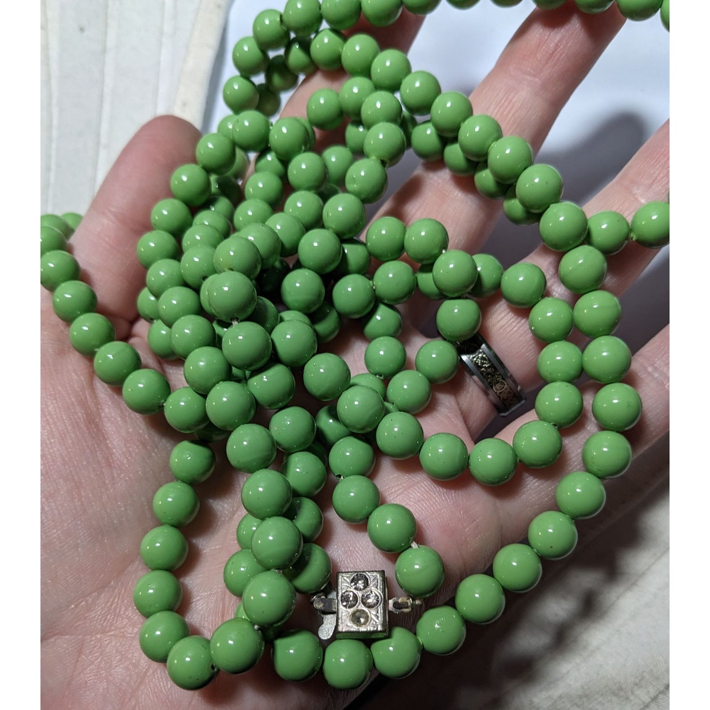 Vintage Pea Green Lightweight Beaded Opera Necklace