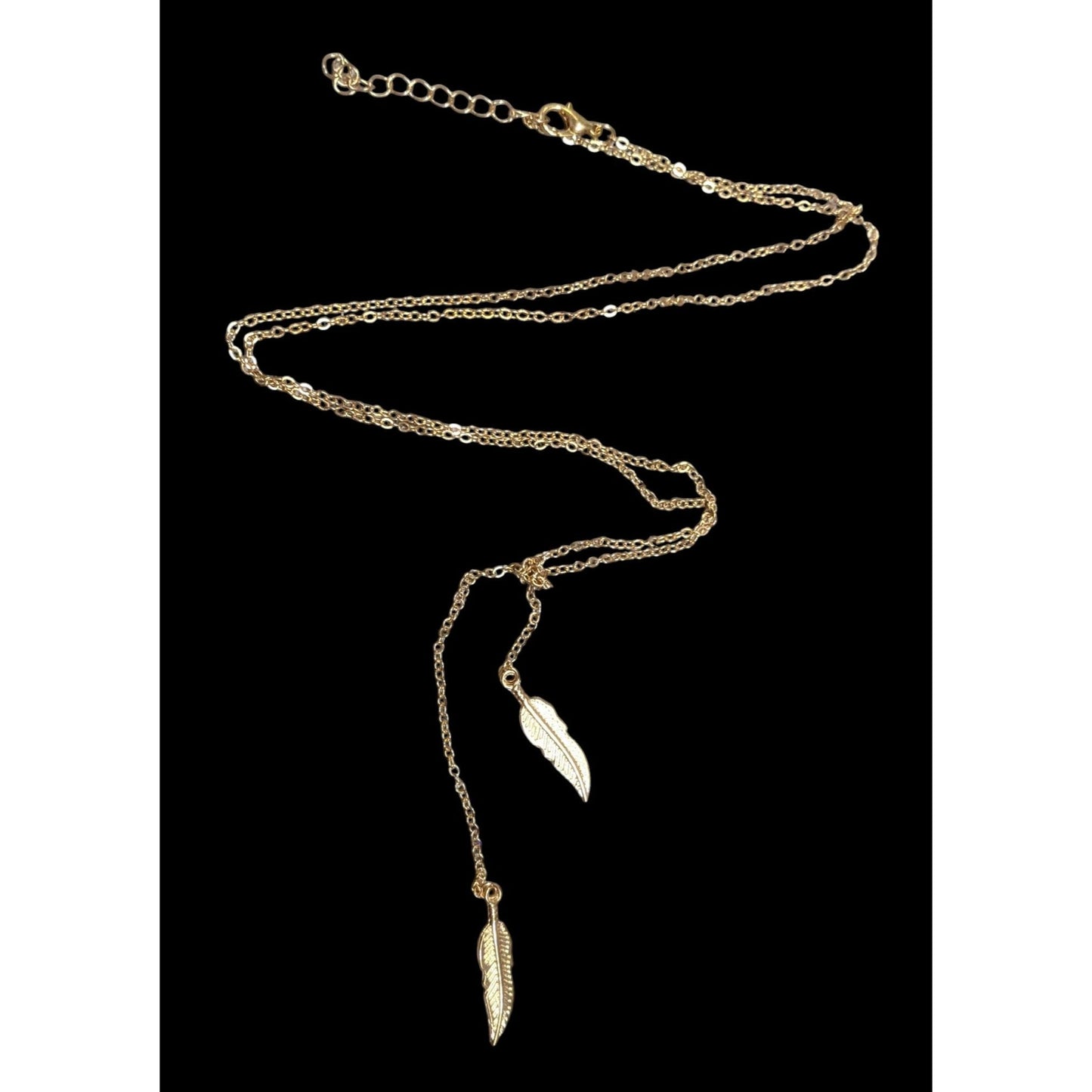 Nature Inspired Bohemian Feather Charm Gold Tone Lariat Necklace