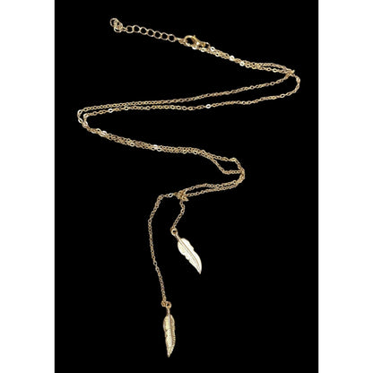 Nature Inspired Bohemian Feather Charm Gold Tone Lariat Necklace