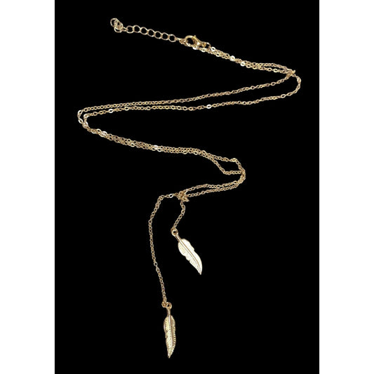 Nature Inspired Bohemian Feather Charm Gold Tone Lariat Necklace