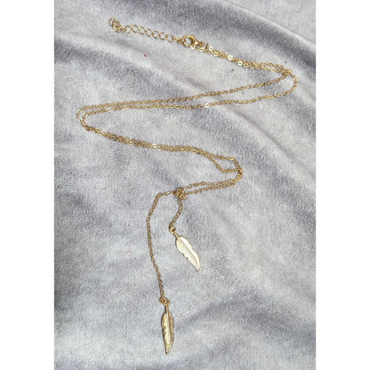 Nature Inspired Bohemian Feather Charm Gold Tone Lariat Necklace