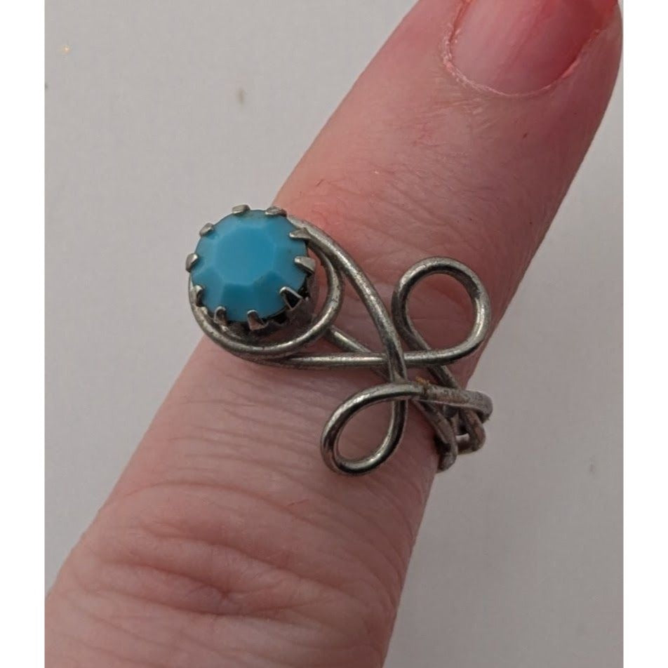 Boho Witchy Artisan Wire Wrap Blue Stone Silver Tone Statement Ring