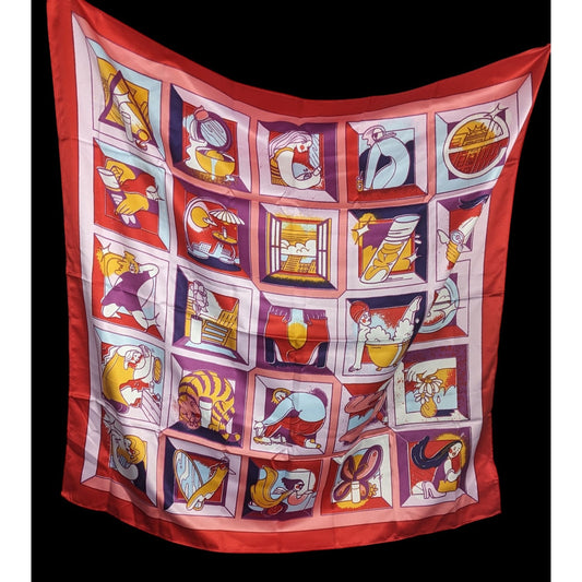 SK-II Furoshiki Naomi Red Scarf 27x28 Inches 100% Polyester Vibrant Illustrated Design
