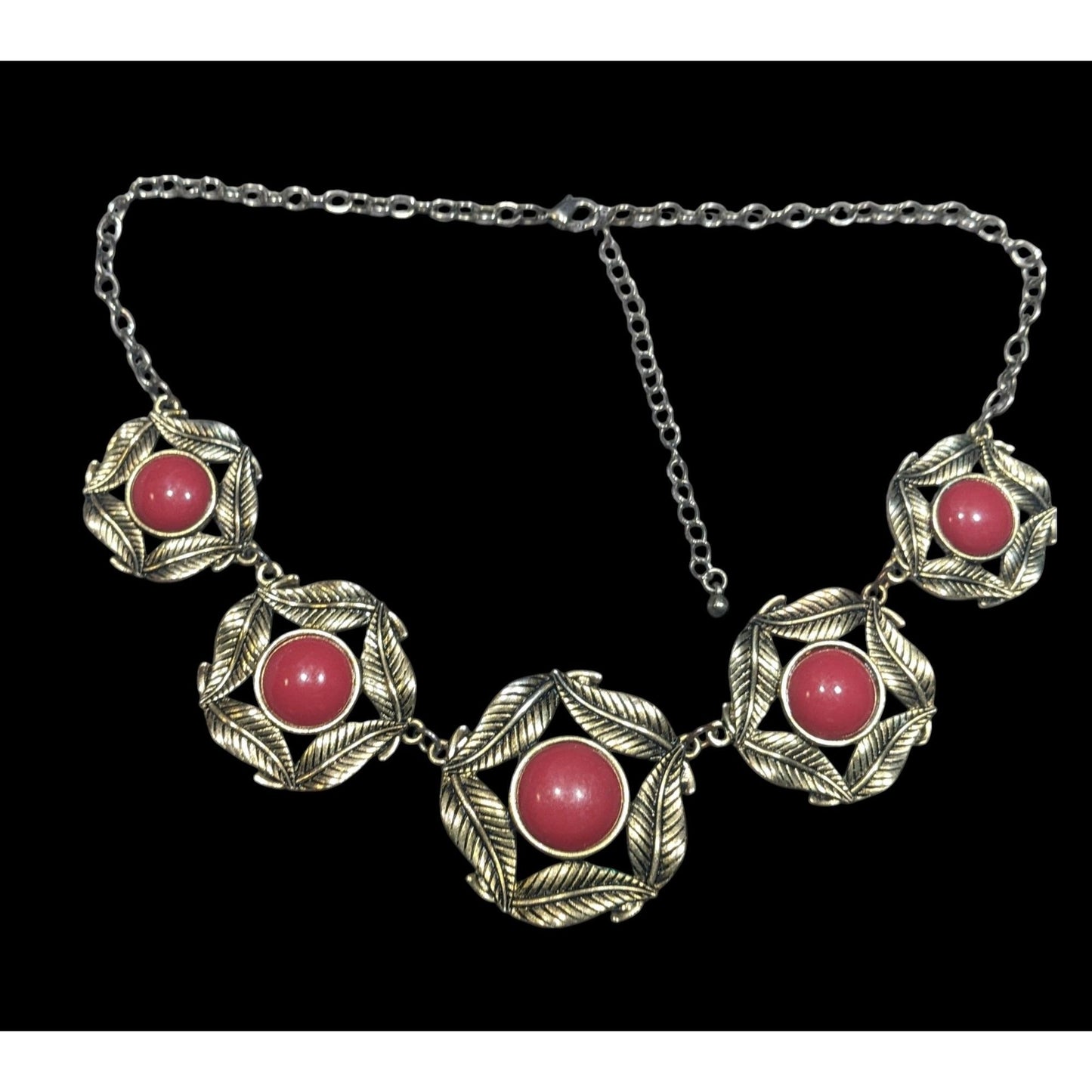 Floral Red And Gold Medallion Link Statement Necklace