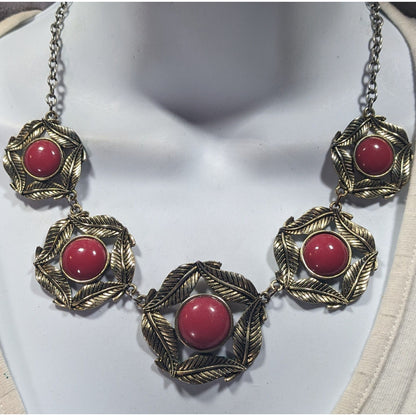 Floral Red And Gold Medallion Link Statement Necklace