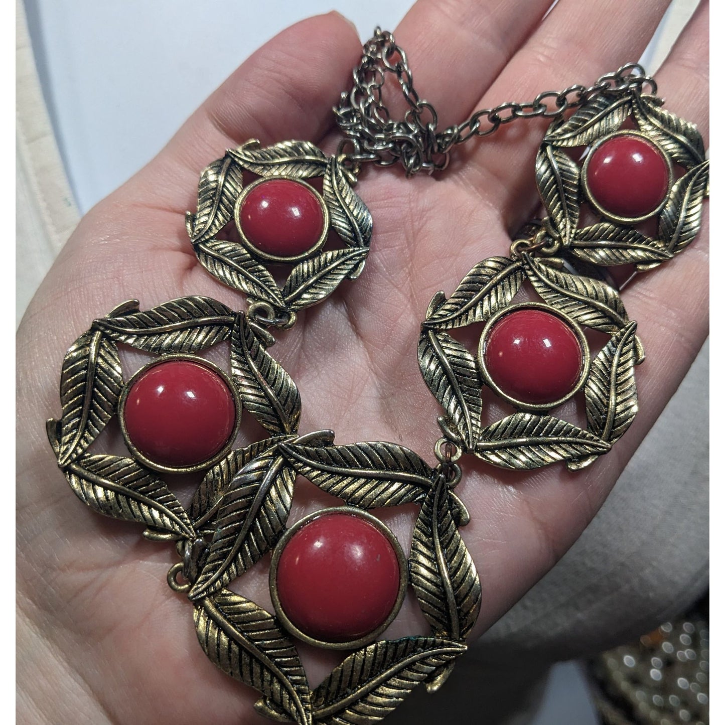 Floral Red And Gold Medallion Link Statement Necklace