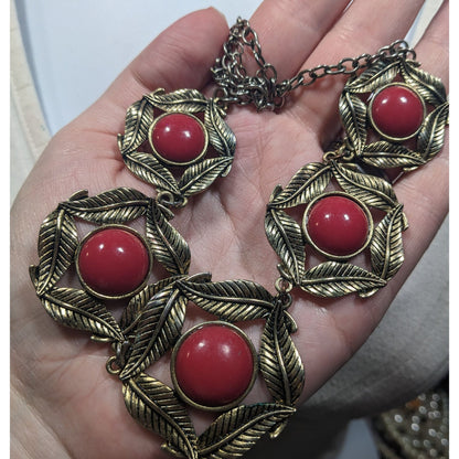 Floral Red And Gold Medallion Link Statement Necklace