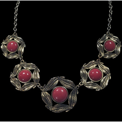 Floral Red And Gold Medallion Link Statement Necklace