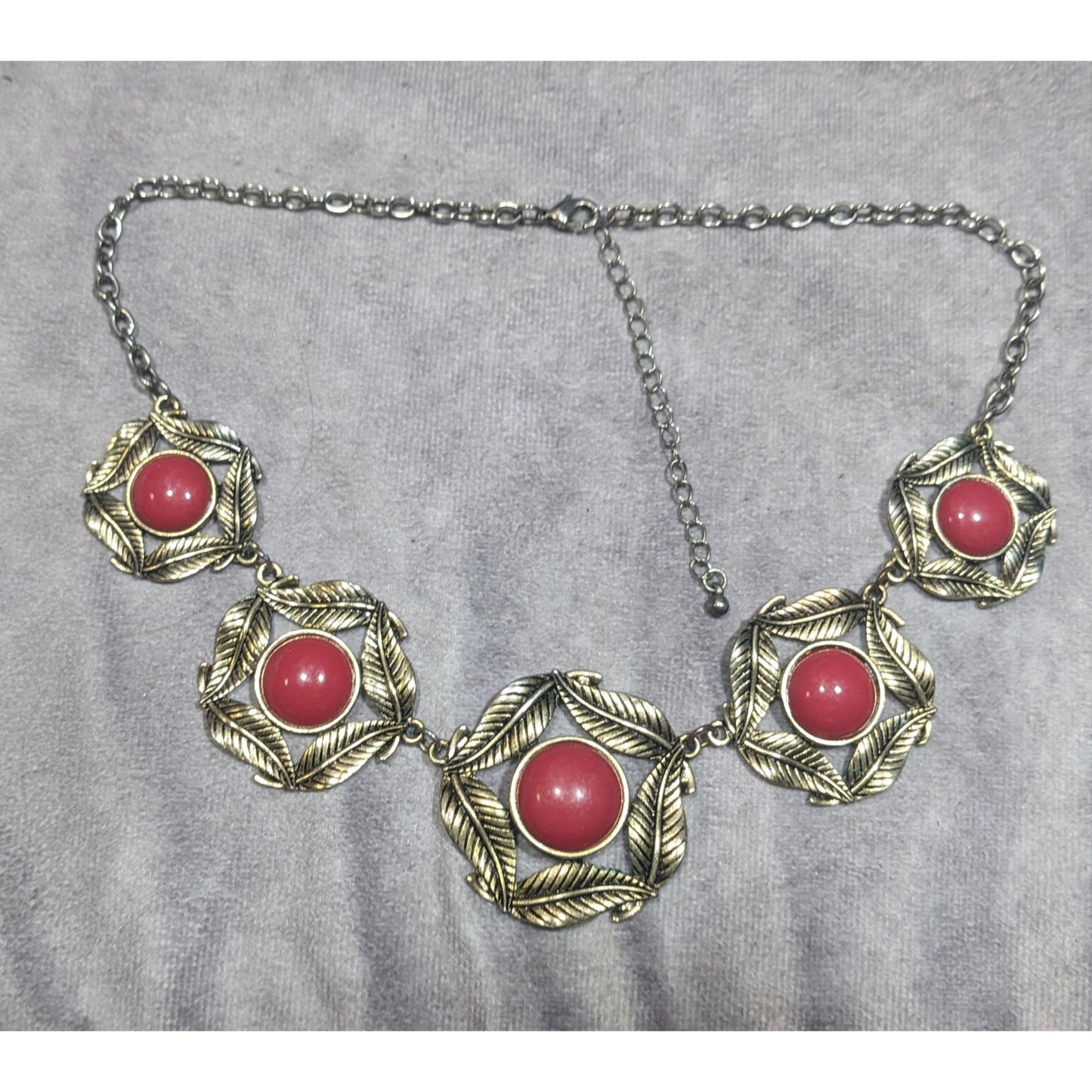 Floral Red And Gold Medallion Link Statement Necklace
