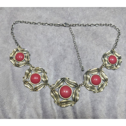 Floral Red And Gold Medallion Link Statement Necklace