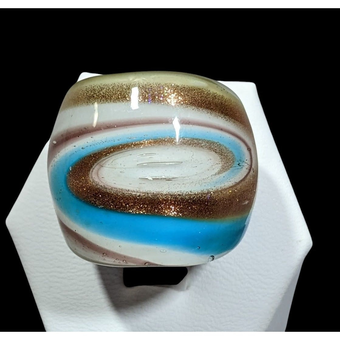 Lampwork Glass White Blue And Gold Tone Ring Size 7
