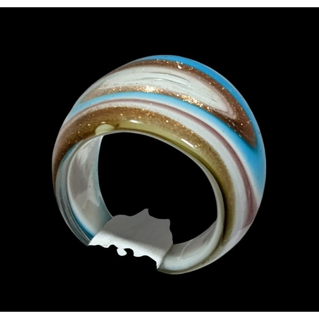 Lampwork Glass White Blue And Gold Tone Ring Size 7