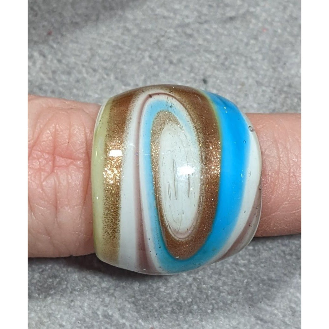 Lampwork Glass White Blue And Gold Tone Ring Size 7