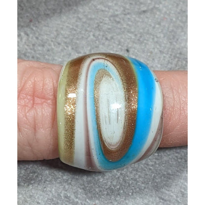 Lampwork Glass White Blue And Gold Tone Ring Size 7