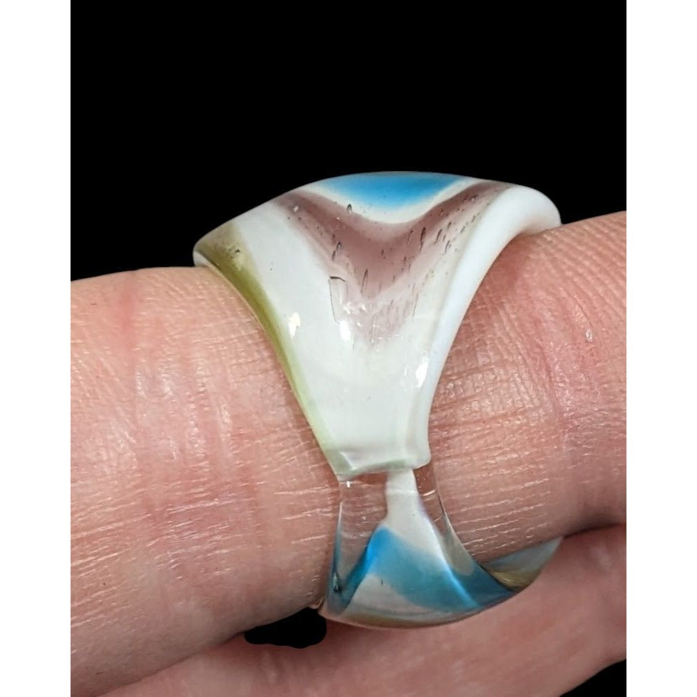 Lampwork Glass White Blue And Gold Tone Ring Size 7