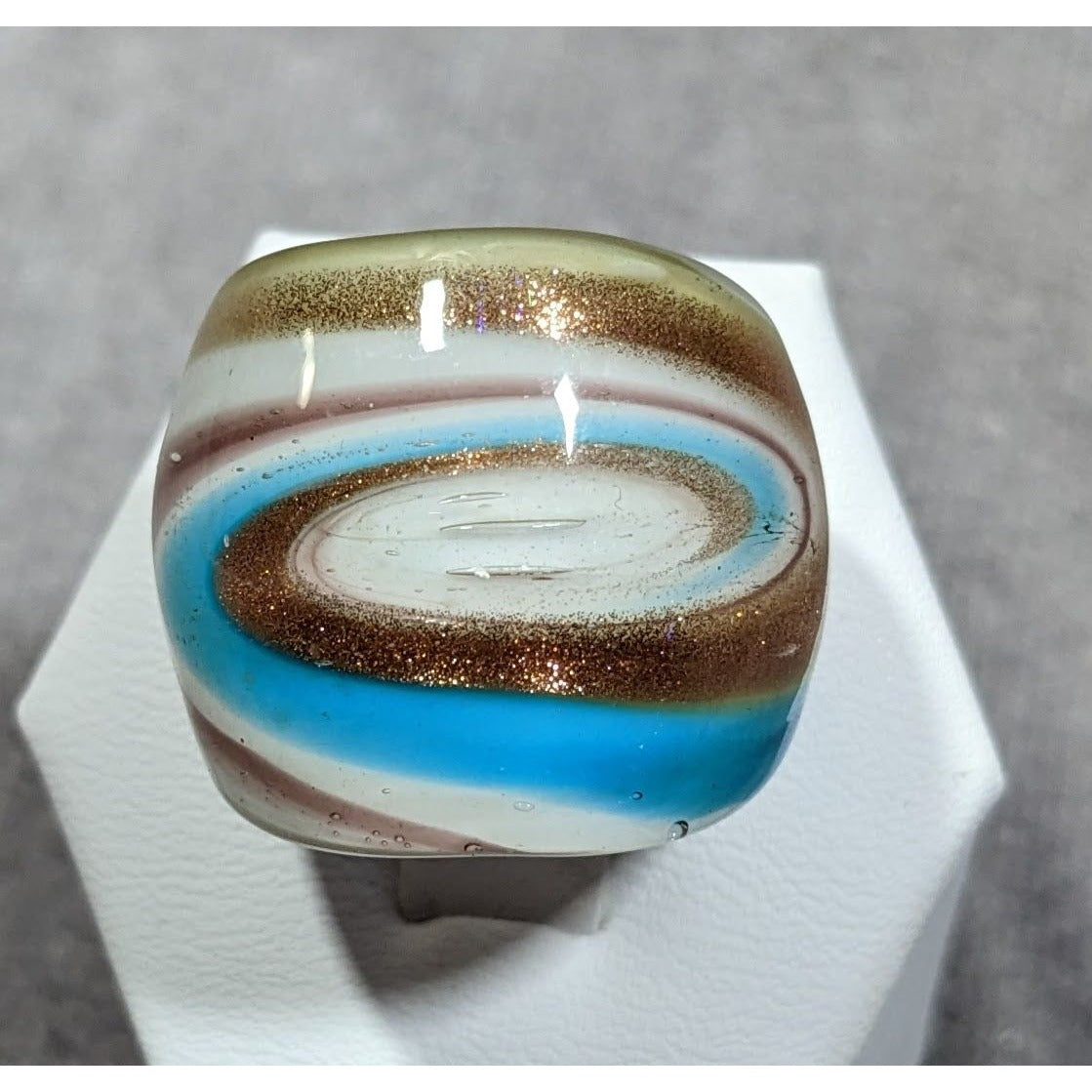 Lampwork Glass White Blue And Gold Tone Ring Size 7
