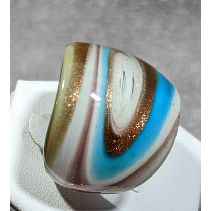 Lampwork Glass White Blue And Gold Tone Ring Size 7