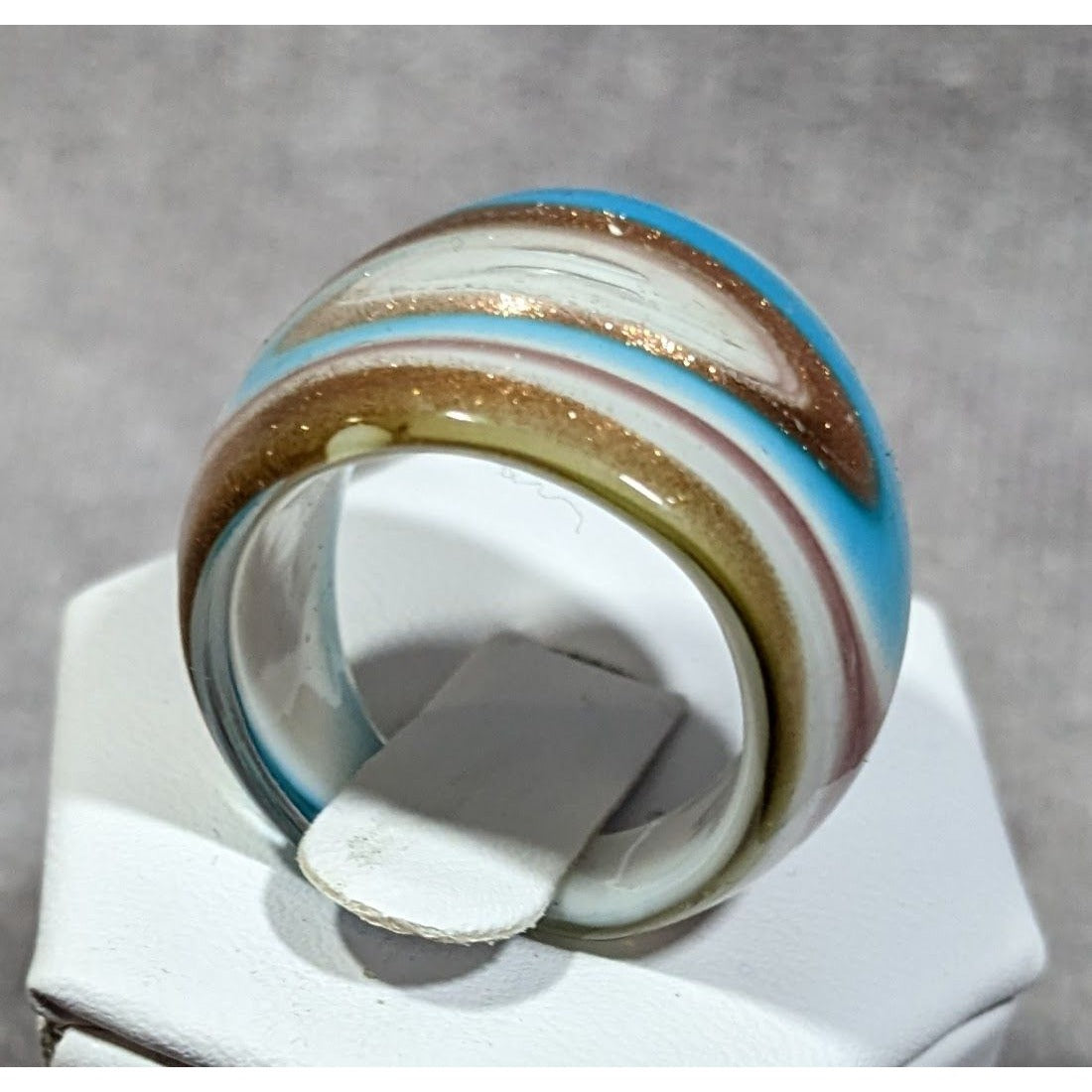 Lampwork Glass White Blue And Gold Tone Ring Size 7