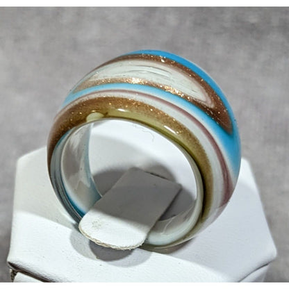 Lampwork Glass White Blue And Gold Tone Ring Size 7