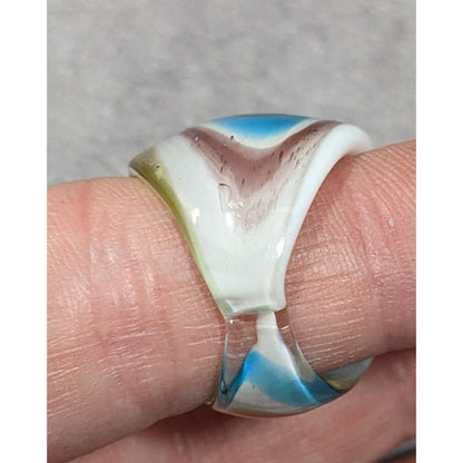 Lampwork Glass White Blue And Gold Tone Ring Size 7
