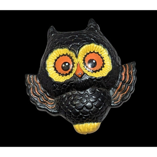 Vintage 80s Black And Orange Plastic Owl Brooch