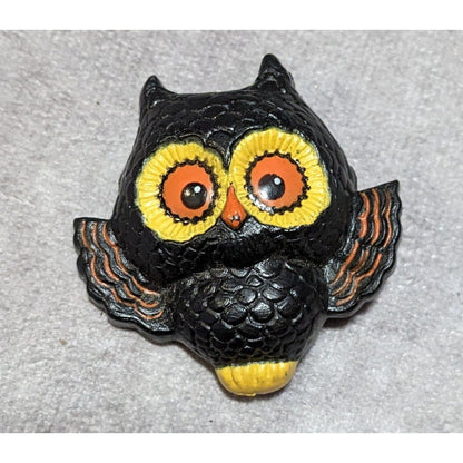 Vintage 80s Black And Orange Plastic Owl Brooch