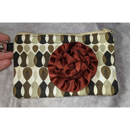 Retro Mod Floral Canvas Brown Cream Coin Purse Satin Rosette Zipper Pouch 6 Inch