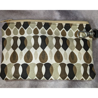 Retro Mod Floral Canvas Brown Cream Coin Purse Satin Rosette Zipper Pouch 6 Inch