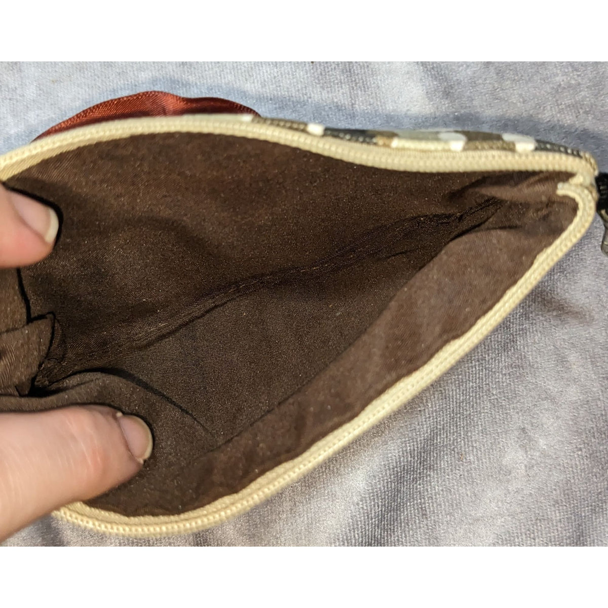 Retro Mod Floral Canvas Brown Cream Coin Purse Satin Rosette Zipper Pouch 6 Inch